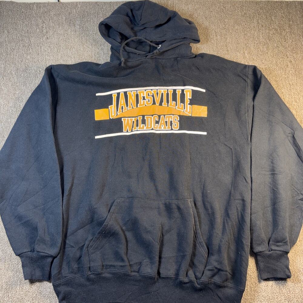 VTG 90s Janesville Wildcats Pullover Hoodie Black XL Jerzees